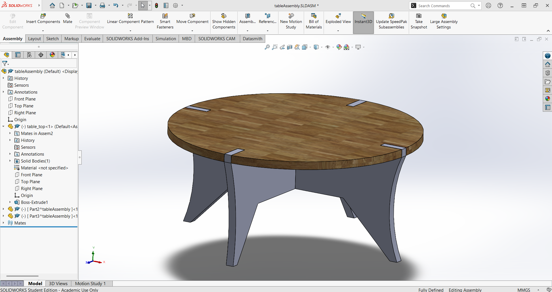 SolidWorks assembly view of the table